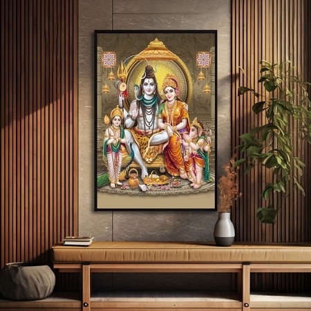 The Castle Decor Lord Shiva Parivar Wall Painting Framed Artwork 20x30 Inch Style 4