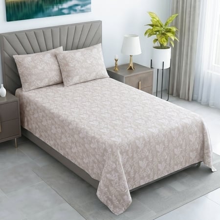 Creamy Beigefloral Cotton 400 Tc Flat Single Bed Size Bedsheet With 2 Pillow Covers