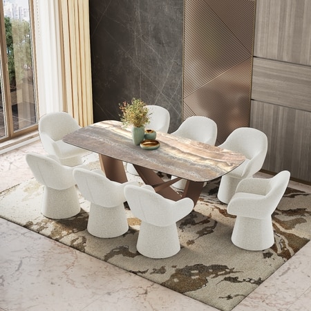 Paloma 8 Seater Jupiter Spanish Ceramic Dining Table With 8 Selene Chairs (Finish : Jupiter Spanish Ceramic, Chair Colour : Light Grey)