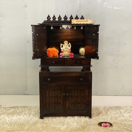 D'Dass White Mdf and Sheesham Wooden Temple With Cabinet For Pooja