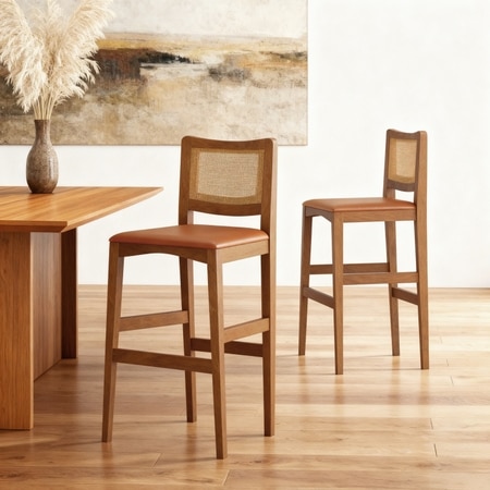 Weber Solid Wood Bar Chair In Amber Walnut Finish and Nappa Tan Leatherette Colour