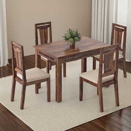 Fidora 4 Seater Dining Table With Set Of 4 Martha Dining Chairs (Colour- Wheat Brown, Finish- Teak)
