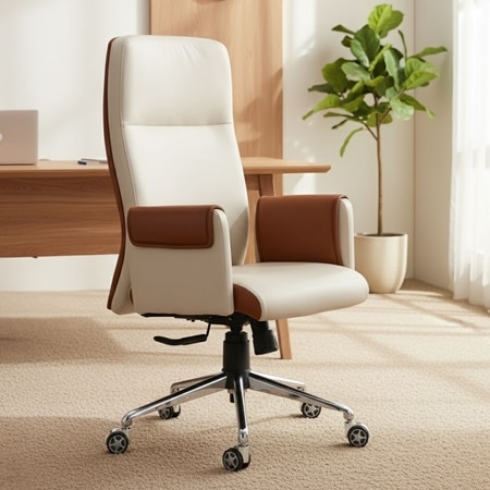 Ettorez Flair Hb Ultra Premium Leatherette Office Chair In Cream And Tan Colour