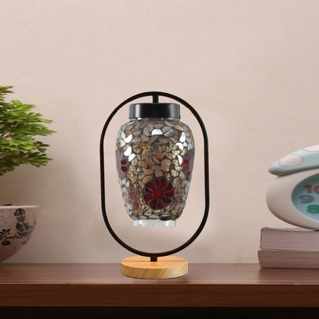 Devansh Multicolor Glass Wooden & Iron Table Lamp -17 Inch Height -R