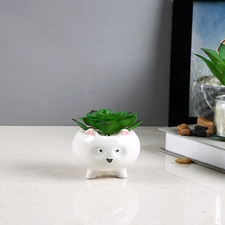 White Cat Planter With Artificial Succulent