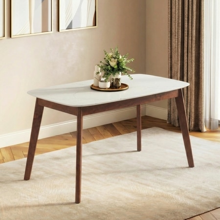 Lunar Solid Wood and Carrara White 6 Seater Dining Table in Danish Walnut Finish