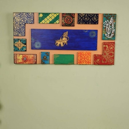 Wooden 3D Handmade Rectangle Wall Art in Blue with Krishna