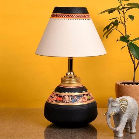 Table Lamp Black Earthen Handcrafted with White Shade (9.5x6")