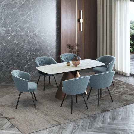 Aeris Ceramic 4 To 6 Seater Extendable Dining Table With 4 Calix Dining Chairs (Finish : Rome Travertine, Chair Colour : Powder Blue)