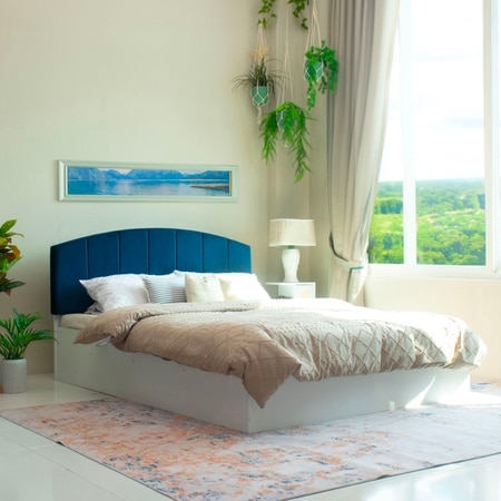 Satya Engineered Wood Queen Size Bed With Hydraulic Storage (Melamine Finish, White Colour)