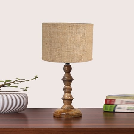Devansh Beige Jute Table Lamp With Wood Natural Base (7X7X15.5 Inches)-9
