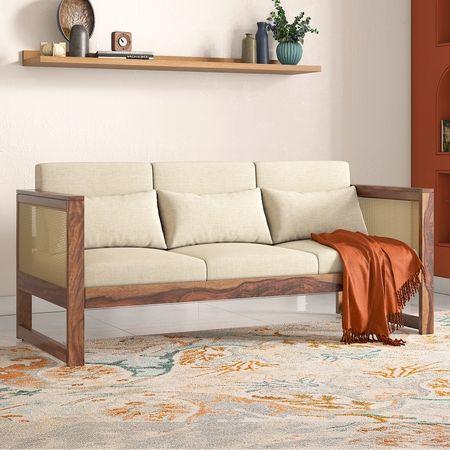 Korai Plus Three seater sofa -Finish -Teak,Fabric - Macadamia Brown Hopsack weave