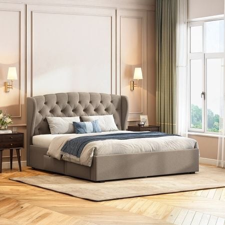 Holmebrook Engineered Wood King Size Drawer Storage Upholstered Bed In Shitake Beige Colour