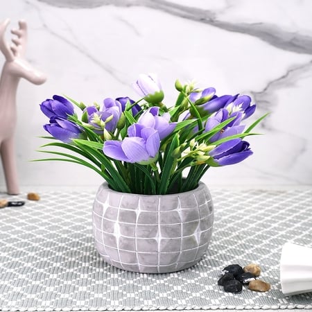 Bunch Of Realistic Charm Shaded Purple Tulip With A Ceramic Pot