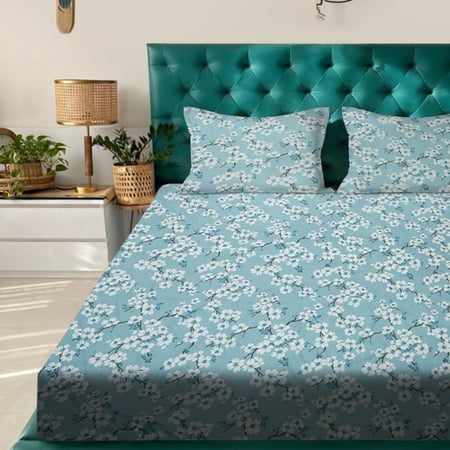 Blue Floral 180 TC Flat 1 Queen  Bedsheet with 2 Pillow Covers