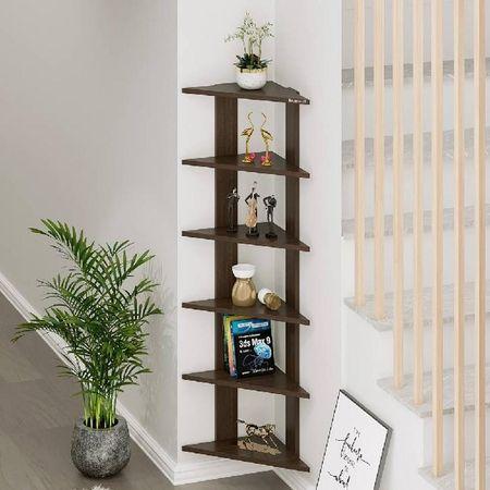 Bluewud Wudville Braine Engineered Wood Wall Mount Corner Shelf, Display Rack, (6 Tringle Shelves - Wenge)