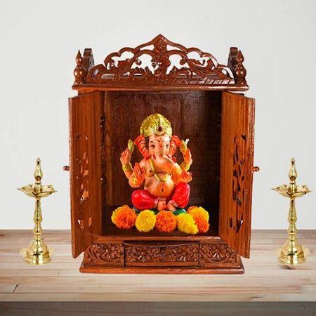 Agastya Solid Wood Free Standing Prayer Unit with Door