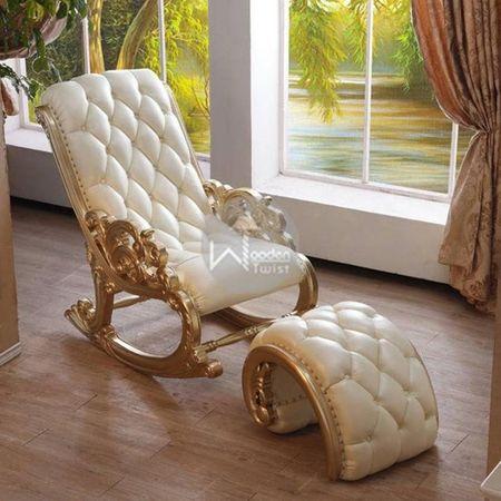 Harry Solid Wood Rocking Chair in Beige Leatherette Colour
