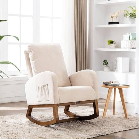 Radly Solid Wood Rocking Chair in Beige Leatherette Colour
