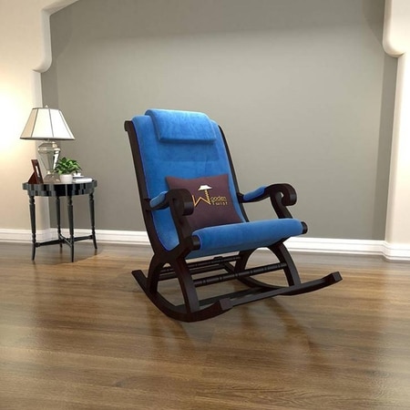 Shaunah Solid Wood Rocking Chair in Blue valvet Colour