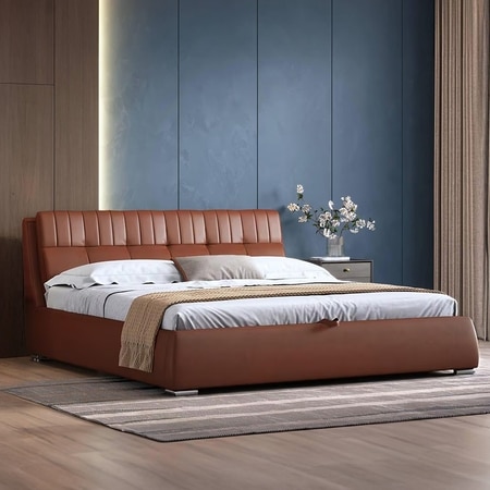 Stanhope Upholstered Hydraulic Storage Queen Size Bed In Sienna Brown Leatherette Colour