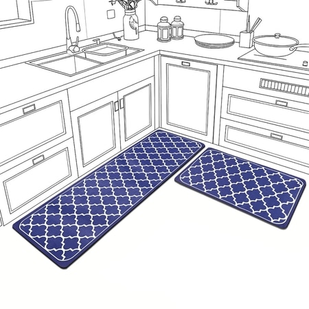 Luxe Home Quatrefoil Design Combo Kitchen Runner Mat- Blue (116x36 & 58x36 cm PC-2)