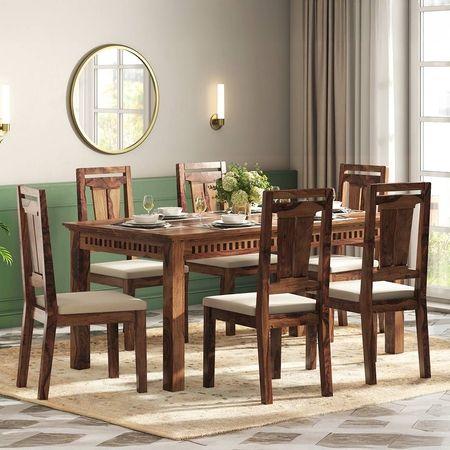 Fidora 6 Seater Dining Table With Set Of 6 Martha Dining Chairs Set Of 2 (Colour- Wheat Brown, Finish- Teak)
