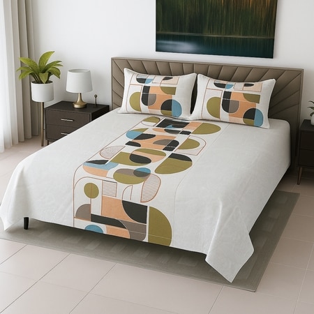 Off White Geometrical 400 TC Cotton Flat Super King Size Bedsheet With 2 Pilllow Covers From Threads