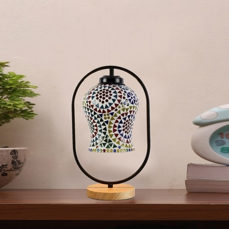 Devansh Multicolor Glass Wooden & Iron Table Lamp -17 Inch Height -Akl