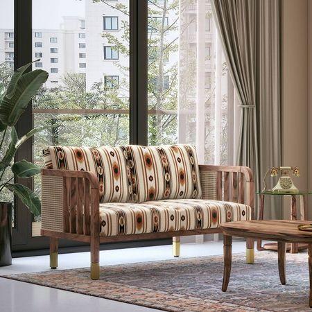 Taran 2 Seater Wooden Sofa in Sunset Ikat Stripes Colour