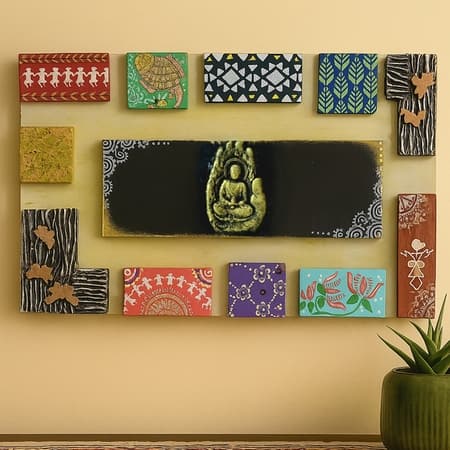 Multi Color Wooden Wall Art Panel with hand made God's idol Cone Art Work of Marble Dust and Clay