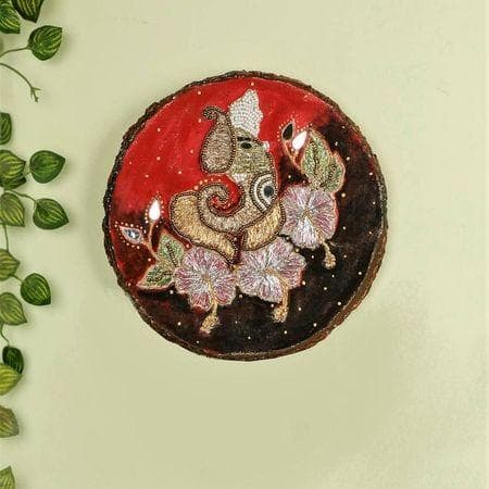 Wood & Fabric Hand embroided Ganesha Zardosi Round wall art