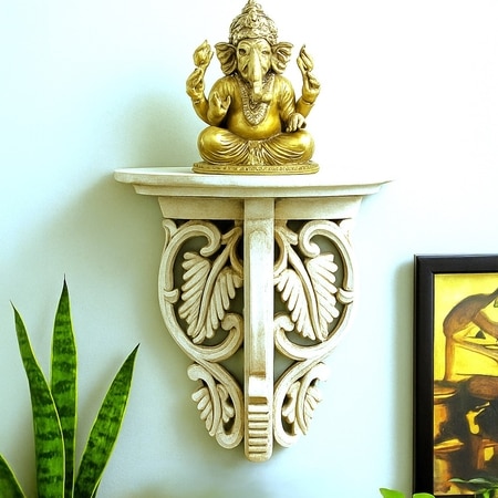 Natural Color Hand Carved Wooden Wall Shelf Wall Décor With Light Brown Shade