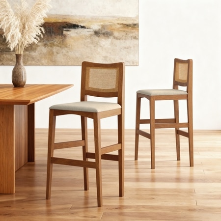 Weber Solid Wood and Cane Bar Chair In Amber Walnut Finish and Biscuit Velvet Colour