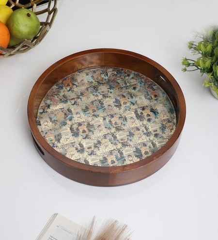 Birdcage Garden Round Wooden Tray – Vintage Floral Pattern- Large (1 Piece)