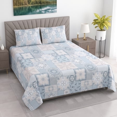 Cream Floral Cotton 400 Tc Flat Queen Size Bedsheet With 2 Pillow Covers