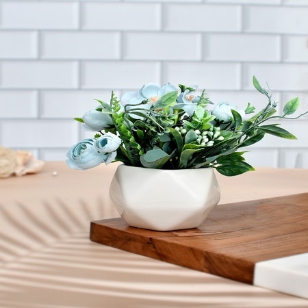 Faux Blue Flowers In A Diamond Pattern Planter