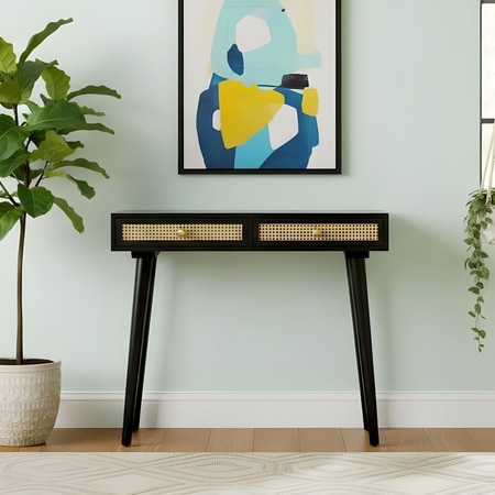 Rockport Solid Wood Console Table in Dark Mahogany Finish in Rattan Work