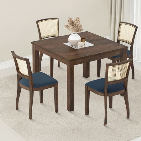 Brighton Square 4 Seater Dining Table With 4 Reed Dining Chairs (Finish : Danish Walnut, Chair Colour : Night Blue Velvet)