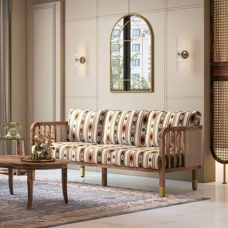 Taran 3 Seater Wooden Sofa in Sunset Ikat Stripes Colour