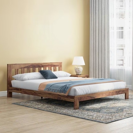 Beirut Solid Wood Bed Queen Size In Teak Finish