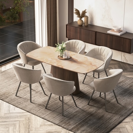 Nola 6 Seater Dining Table With 6  Calix Dining Chairs (Finish : Amber Jade Ceramic, Chair Colour : Beige)