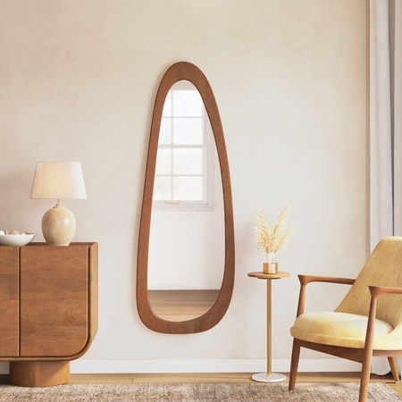 Sabi Solid Wood Assymentric Wall Mirror In Amber Walnut Finish