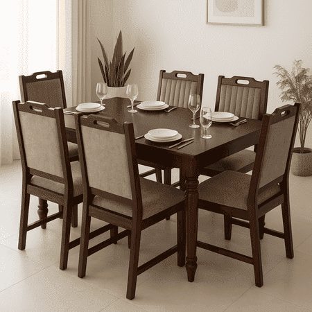 Globally Indian Compact Wooden 6 Seater Dining Table Set – Comfortable 6 Upholstered Seat and Back in Brown Sapphire