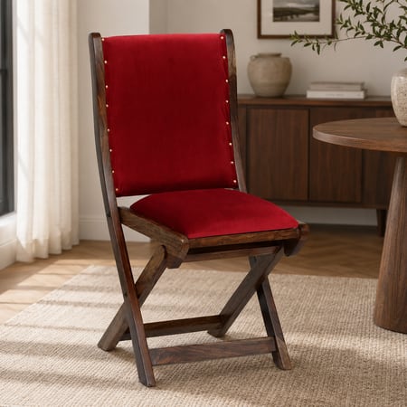 Lora Sheesham Wood Upholstered Folding Chair in Red Colour by Bohemiana