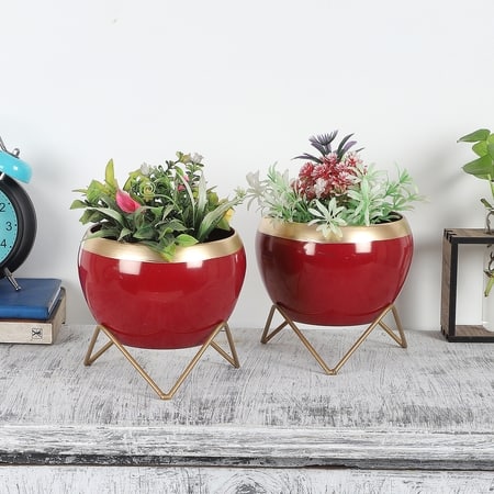 Apple Shape Metal Planter Set Of 2 In Red And Gold Colour