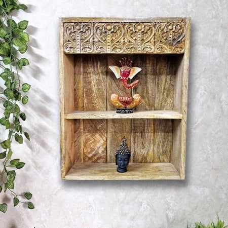 Solway Brown Colour Solid Wood Handcarved Box Style Floating Wall Shelf with compartment