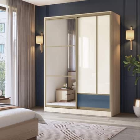 Velora Premium 2 Door 8ft Sliding Wardrobe with mirror Double cream - Hauge Blue Light Oak Finish