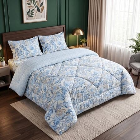 Blue Floral 4 Pcs Comforter set with Queen size bedsheet + 2 Pillow covers
