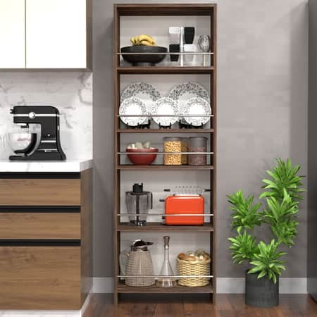 5 Open Shelves In Highland Pine Finish With Free Standing Tall Units.